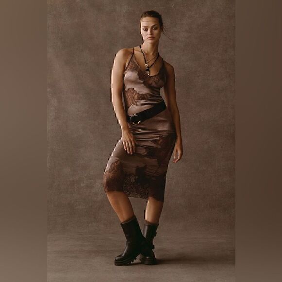 Anthropologie Satin Lace Midi Pajama Dress Size M New With Tags - Picture 2 of 5